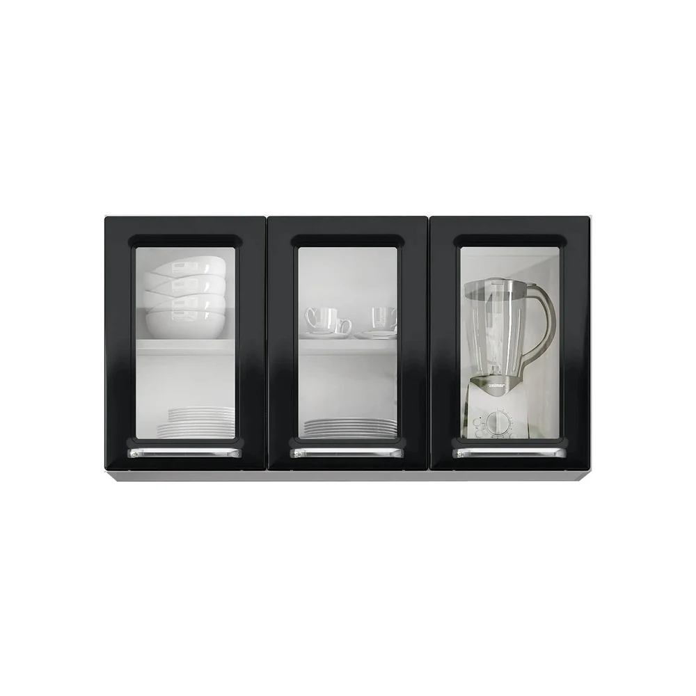 ARMÁRIO AÉREO DE COZINHA ITATIAIA LUCE 3 PORTAS COM VIDRO PRETO IPV3-105