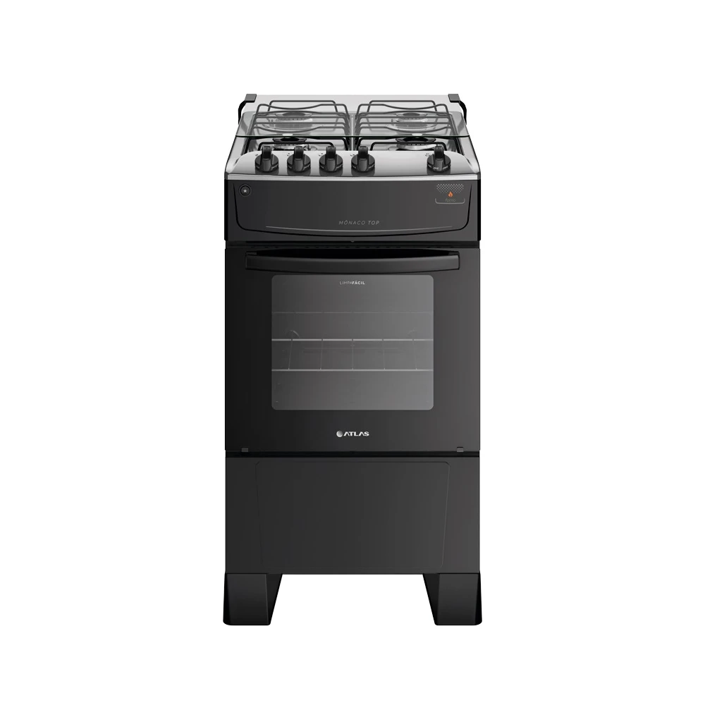 Fogão Atlas 4 Bocas Com Mesa de Inox Mônaco Top Preto