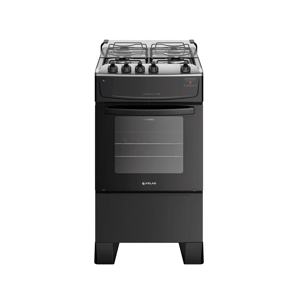FOGÃO ATLAS 4 BOCAS COM MESA DE INOX MÔNACO TOP PRETO BIVOLT