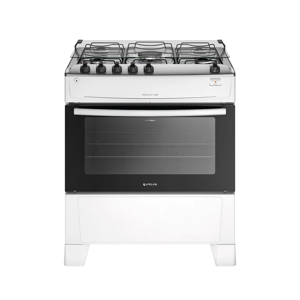 FOGÃO ATLAS 5 BOCAS COM MESA DE INOX MÔNACO TOP BRANCO BIVOLT
