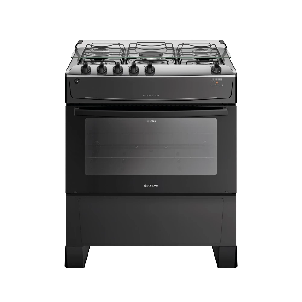 Fogão Atlas 5 Bocas Com Mesa de Inox Mônaco Top Preto