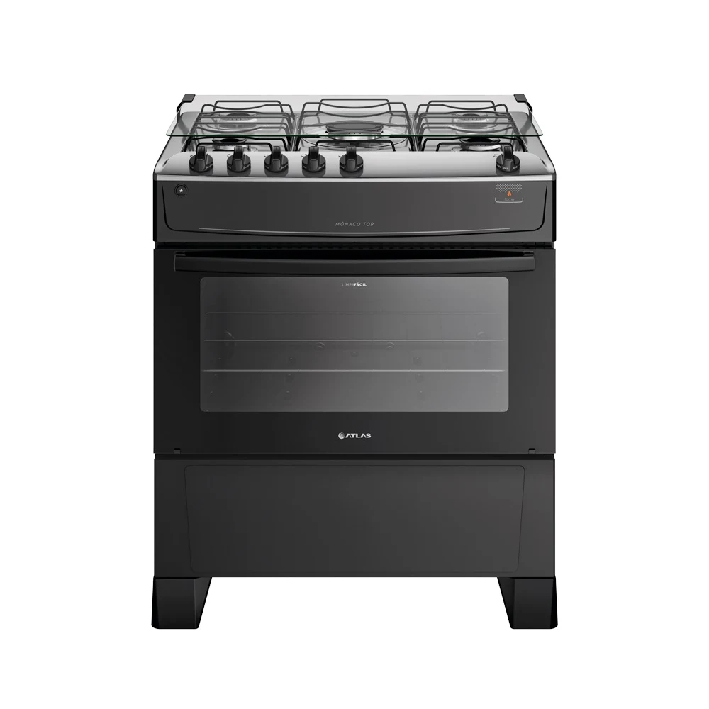 FOGÃO ATLAS 5 BOCAS COM MESA DE INOX MÔNACO TOP PRETO BIVOLT