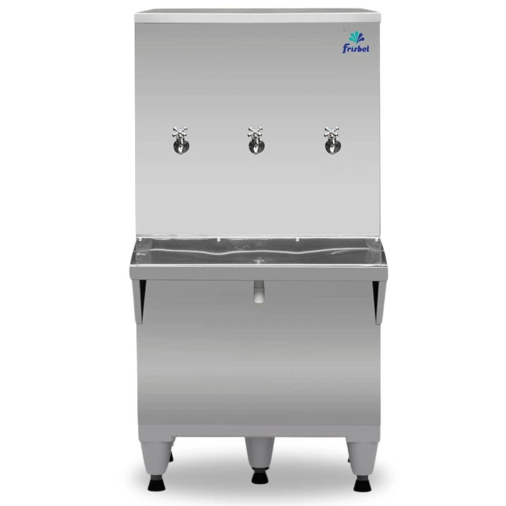 Bebedouro Industrial Frisbel Coluna 3 Torneiras Natural e Gelada 100 Litros RA10 Inox