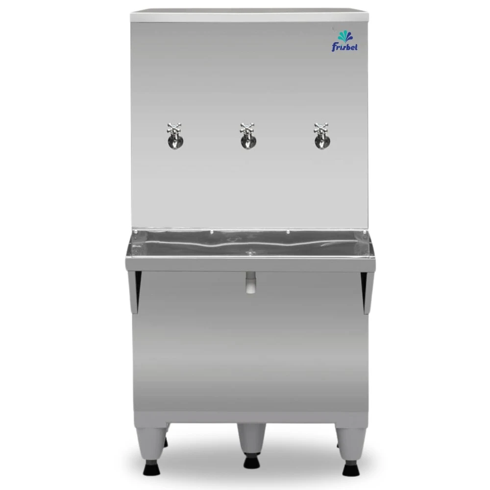 BEBEDOURO INDUSTRIAL FRISBEL COLUNA 3 TORNEIRAS NATURAL E GELADA 100 LITROS RA10 INOX 220V