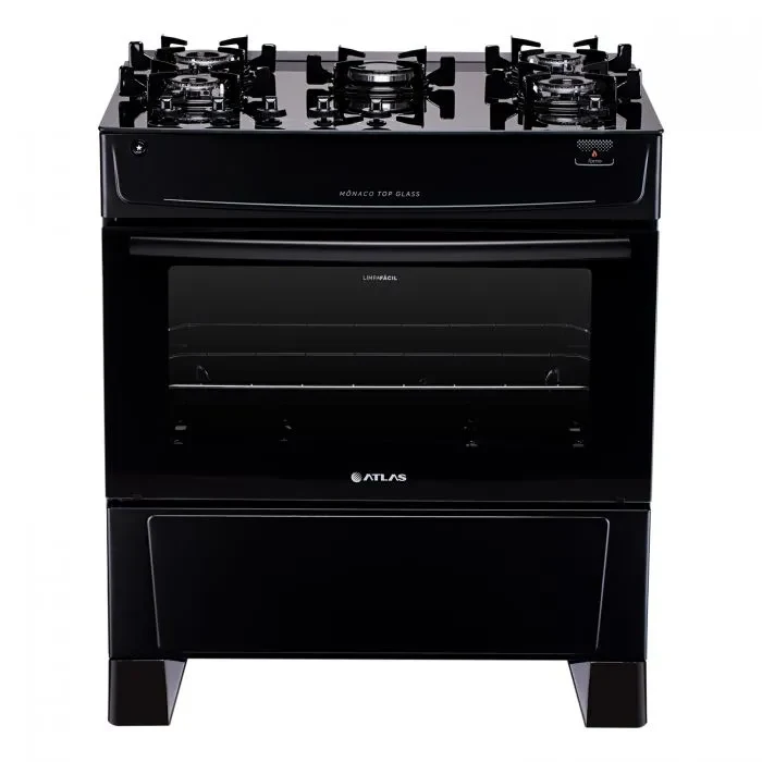 FOGÃO ATLAS 5 BOCAS MONACO TOP GLASS MESA DE VIDRO PRETO - BIVOLT