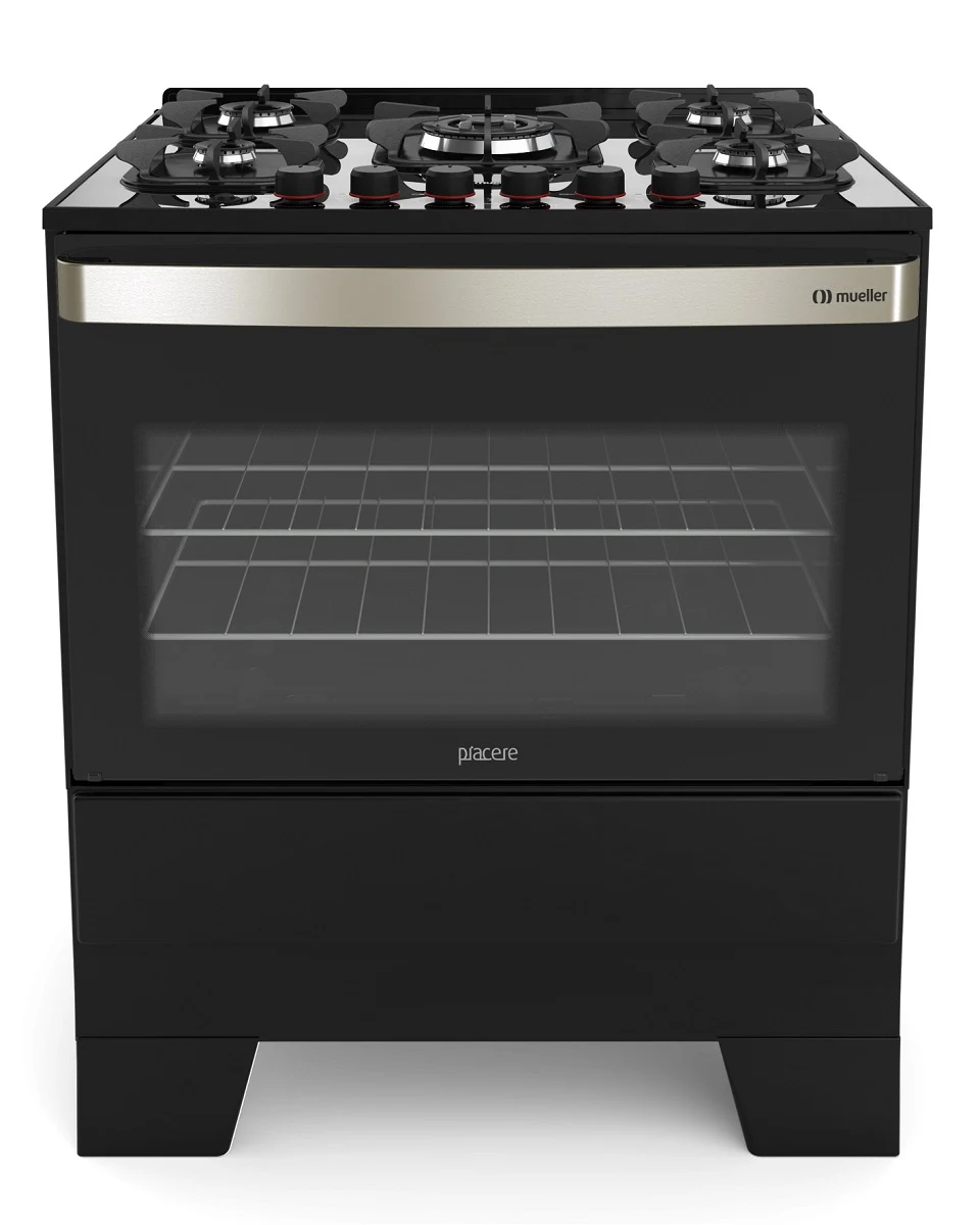 FOGÃO MUELLER 5 BOCAS PIACERE VETRO COM MESA DE VIDRO G6 PRETO FOSCO - BIVOLT